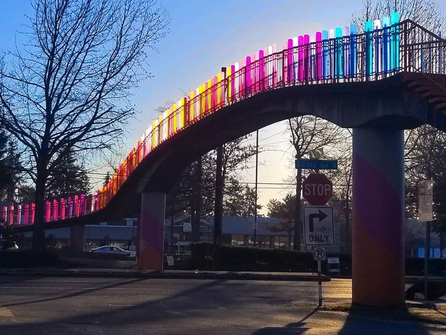 Photo of the Bright Dawn public art installation on the Oak Tree Village Pedestrian Bridge