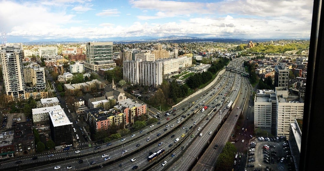 Looking over I-5 from the Seattle Municipal Tower.