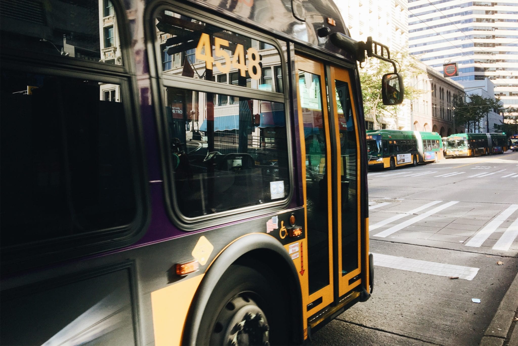 A picture of a bus in Seattle.