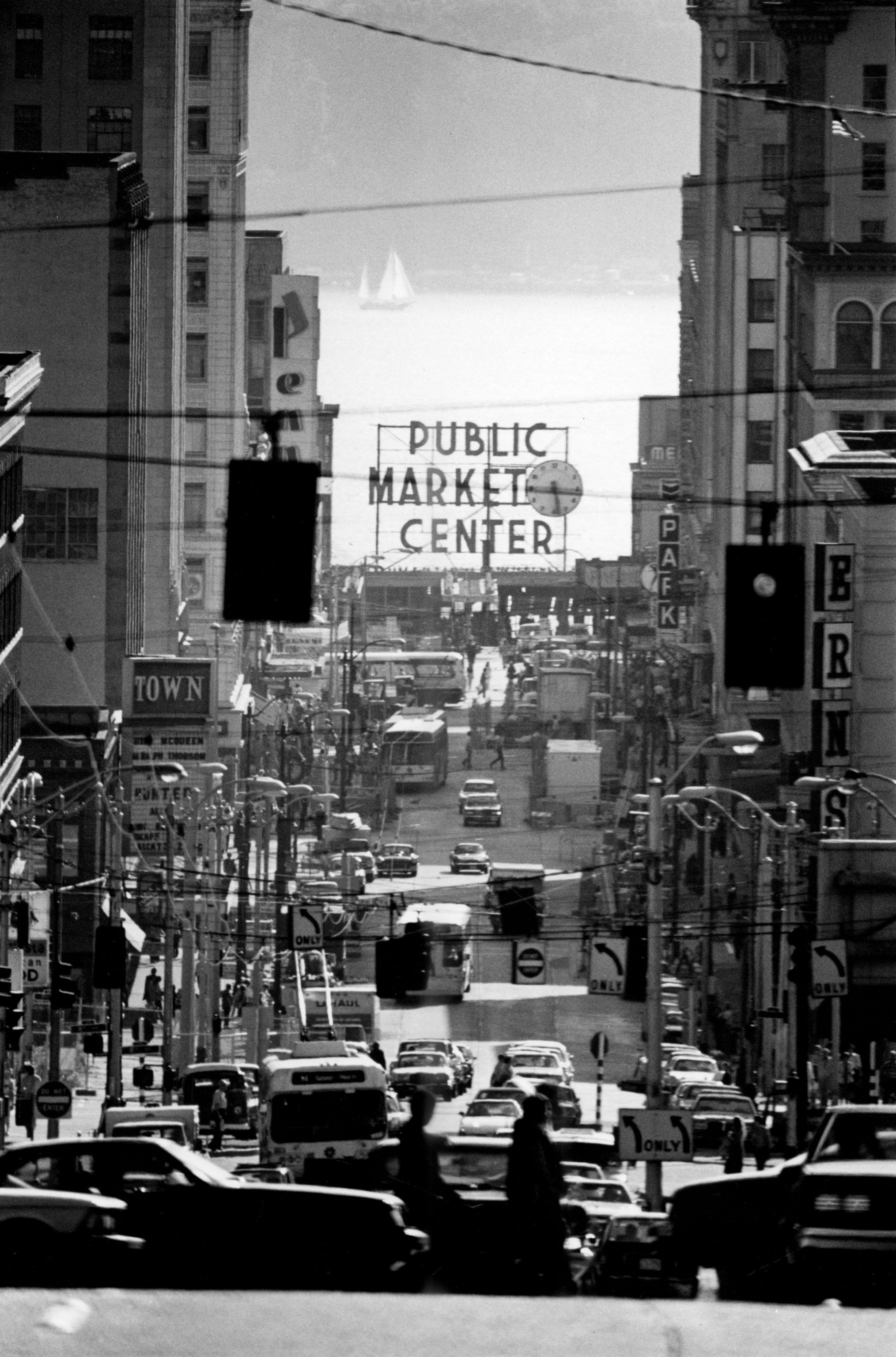 Public Market Center Sign. View west on Pike Street. 1978 