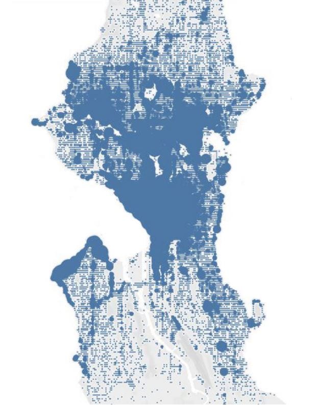 Map of Seattle showing where people are using ride share bikes.