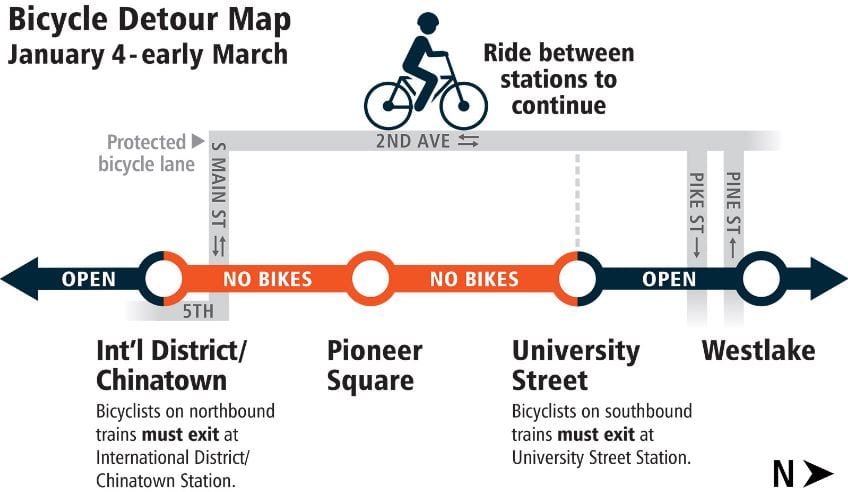 Sound Transit's bike detour map for January 4th through early March.