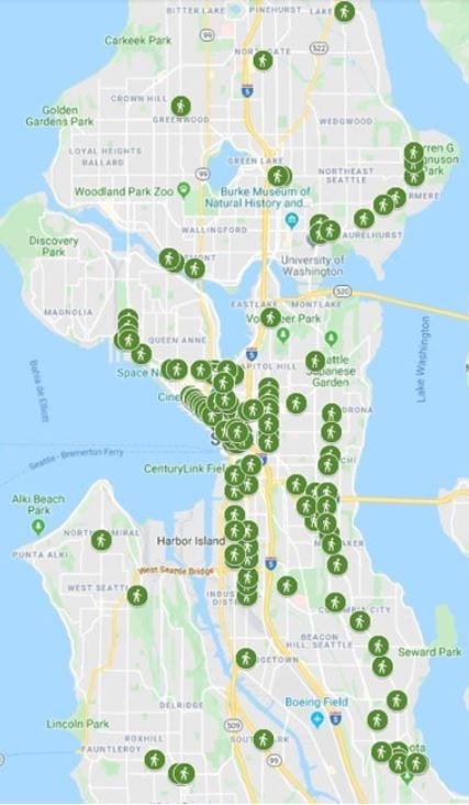 Large map of Seattle showing the newly added leading pedestrian intervals for 125 intersections.