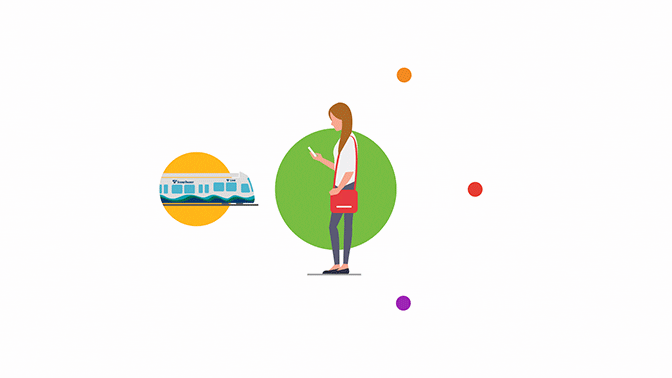 Animation showing how all types of public transportation connect through maps/apps.