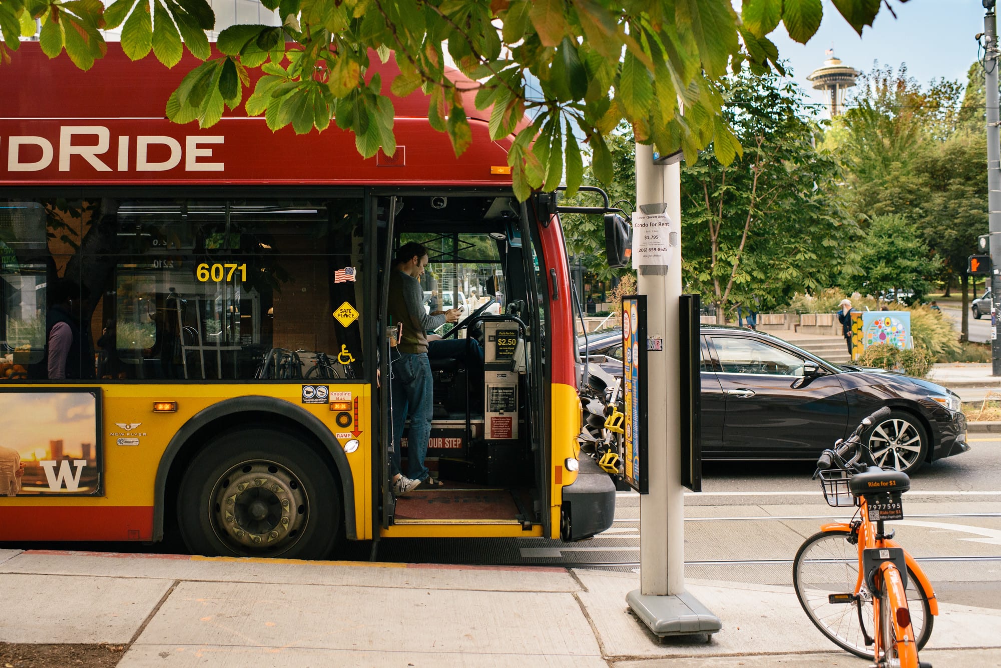 RapidRide line at a bus stop. The New J Line starts running in 2024.