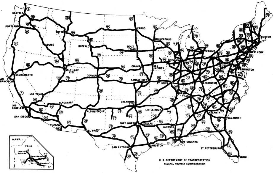 Map of The Dwight D. Eisenhower System of Interstate and Defense Highways: https://www.fhwa.dot.gov/interstate/finalmap.cfm