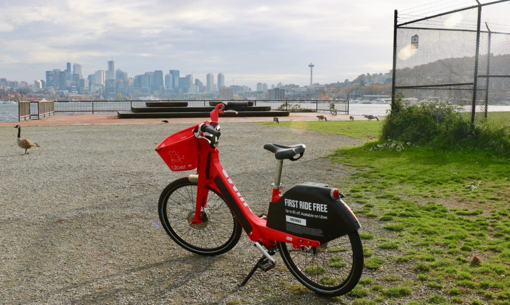 A JUMP Bike parked in Gas Works Park.
