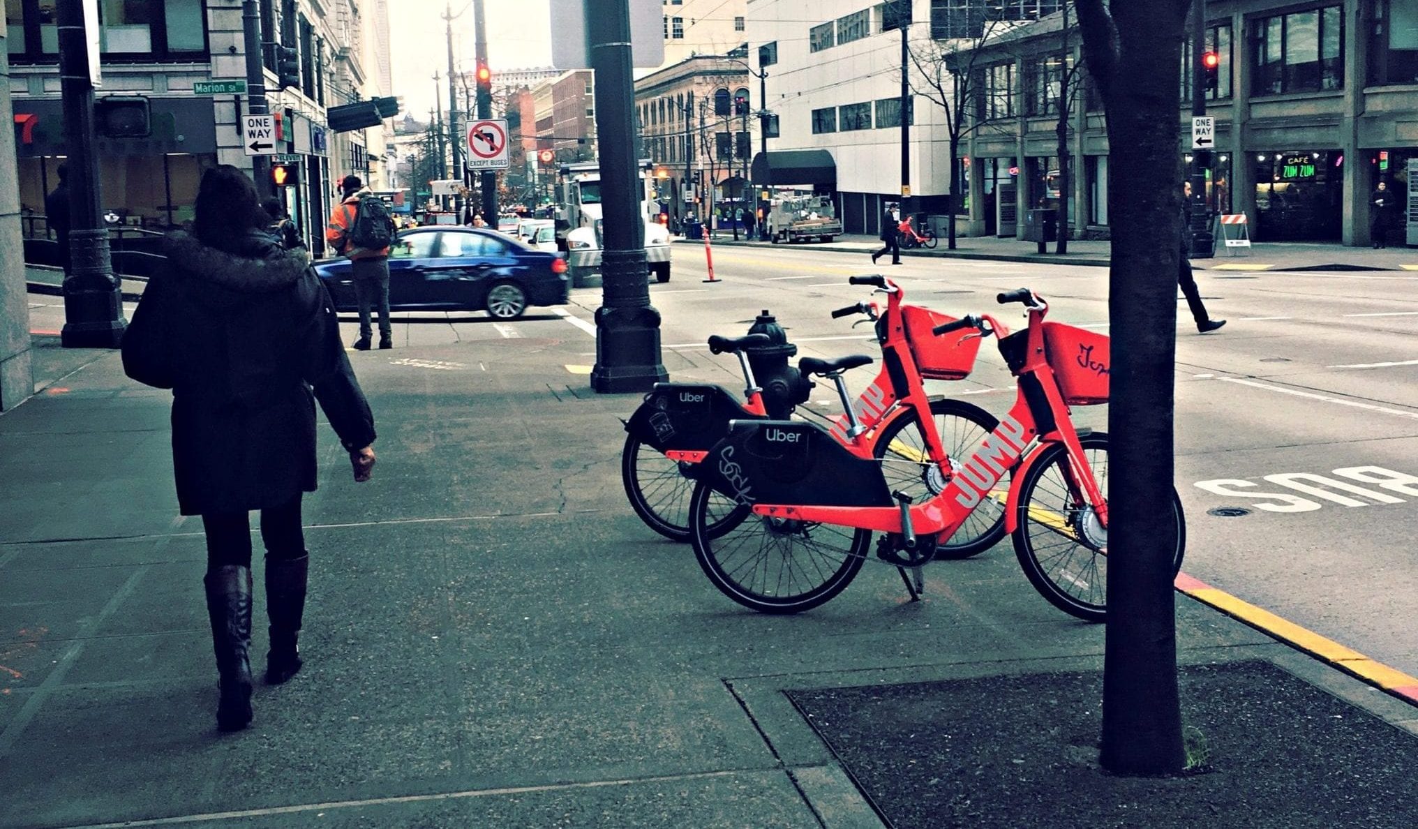 Parked ride share bikes in Downtown Seattle.