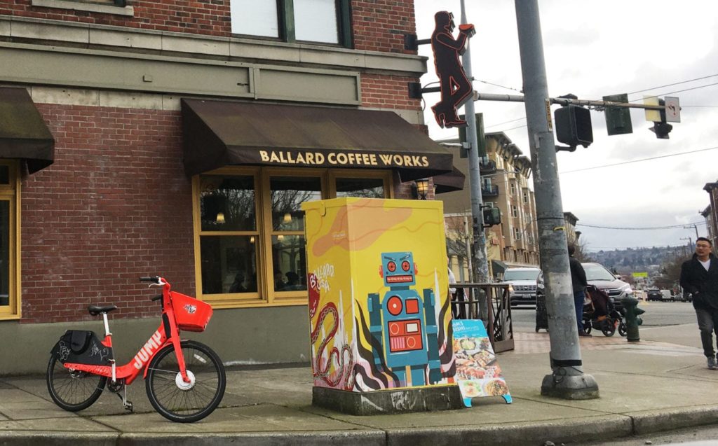 A Jump bike parked near Ballard Coffee Works.