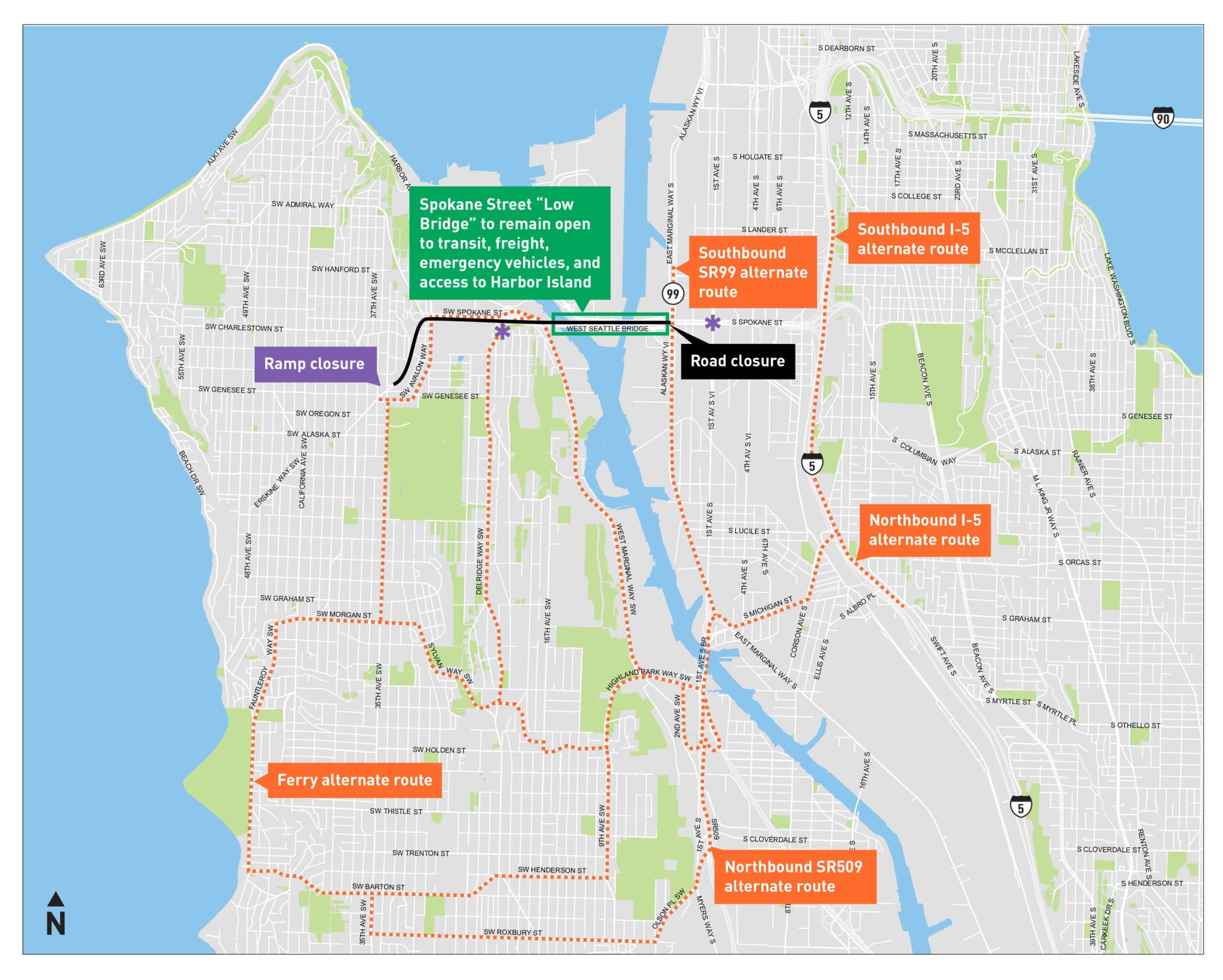 Map of West Seattle Bridge reroute over 1st Ave S Bridge.