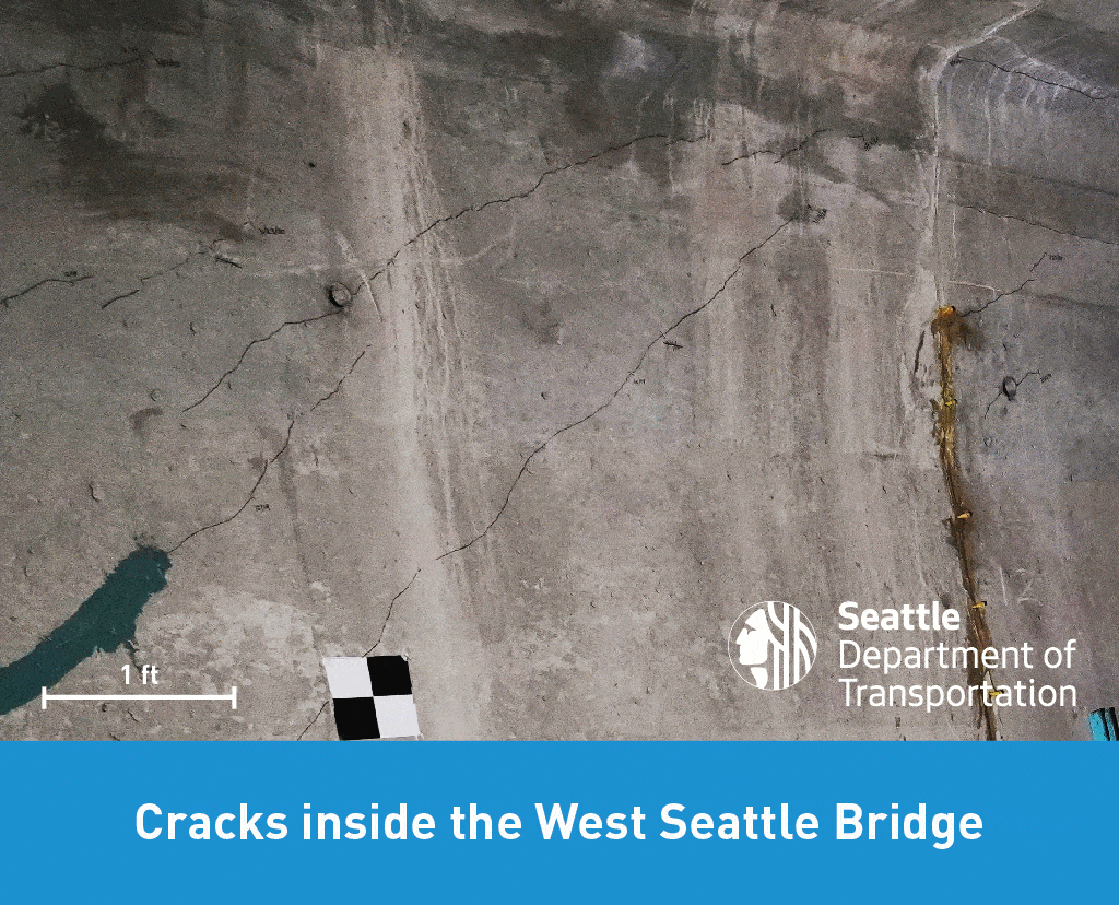 GIF showing West Seattle Bridge crack growth between December 2019 and March 23, 2020.