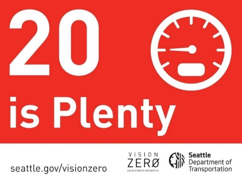 A sign saying, "20 is Plenty." Part of the vision zero program. 