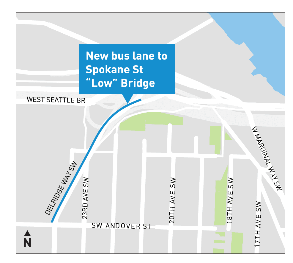Map showing new bus lane along Delridge Way SW.