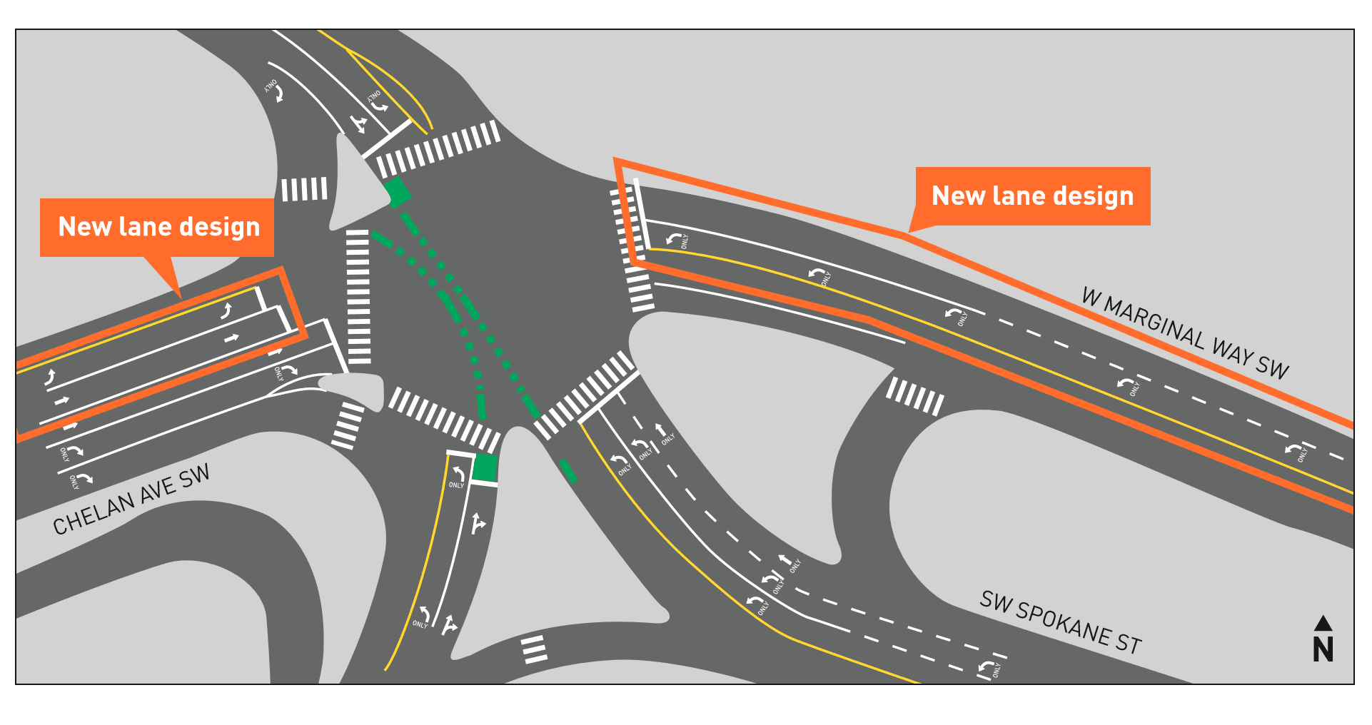 Map showing lane design improvements at intersection of Marginal way SW, Chelane Ave SW and SW Spokane St