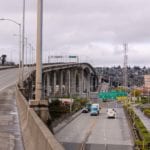 A photo of the West Seattle High and Low Bridges, with cars on the low bridge.
