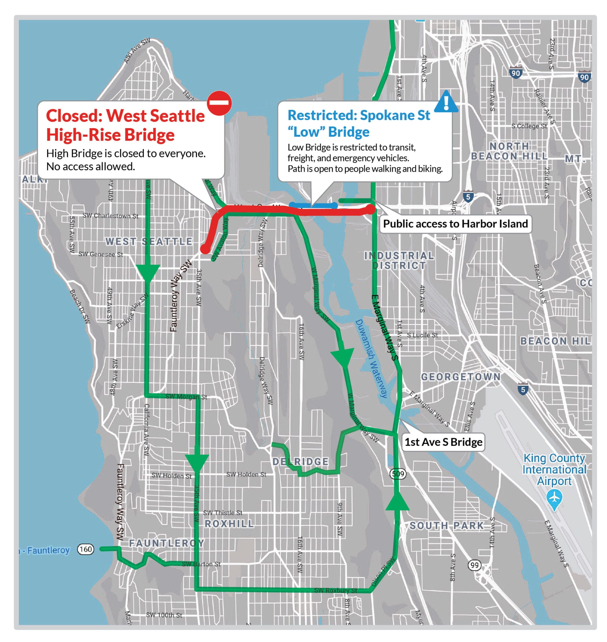 A map of the alternate route for people who are driving in and out of West Seattle following the closure of the West Seattle Bridge.