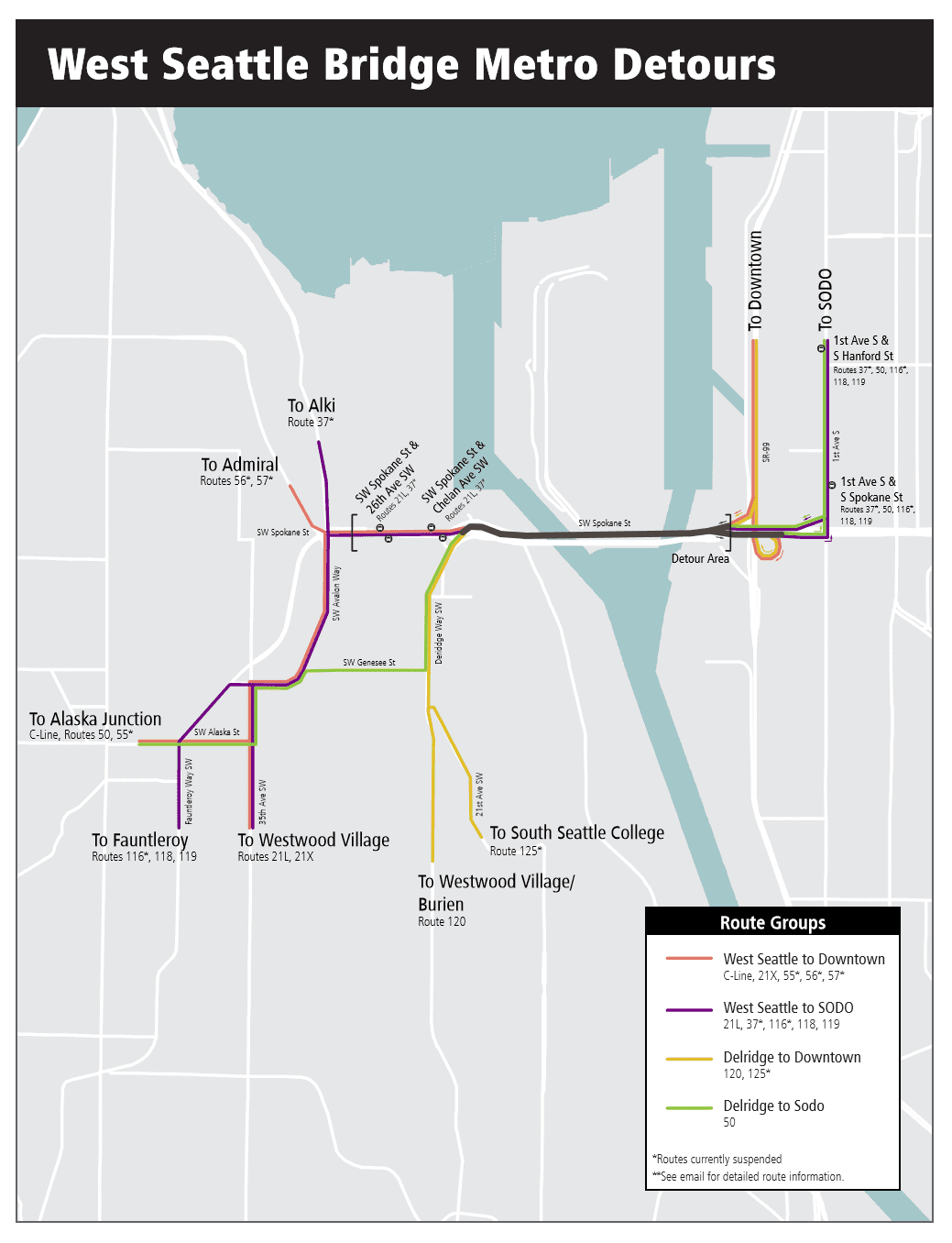 A map of West Seattle Bridge closure metro detours.