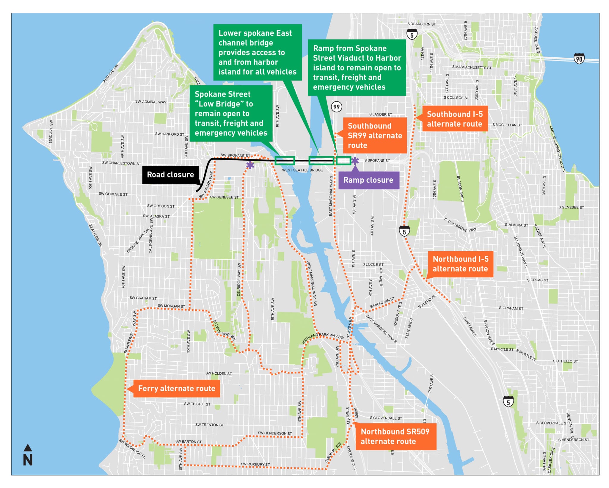 Alternate routes for commuters to take during the closure of the West Seattle Bridge.