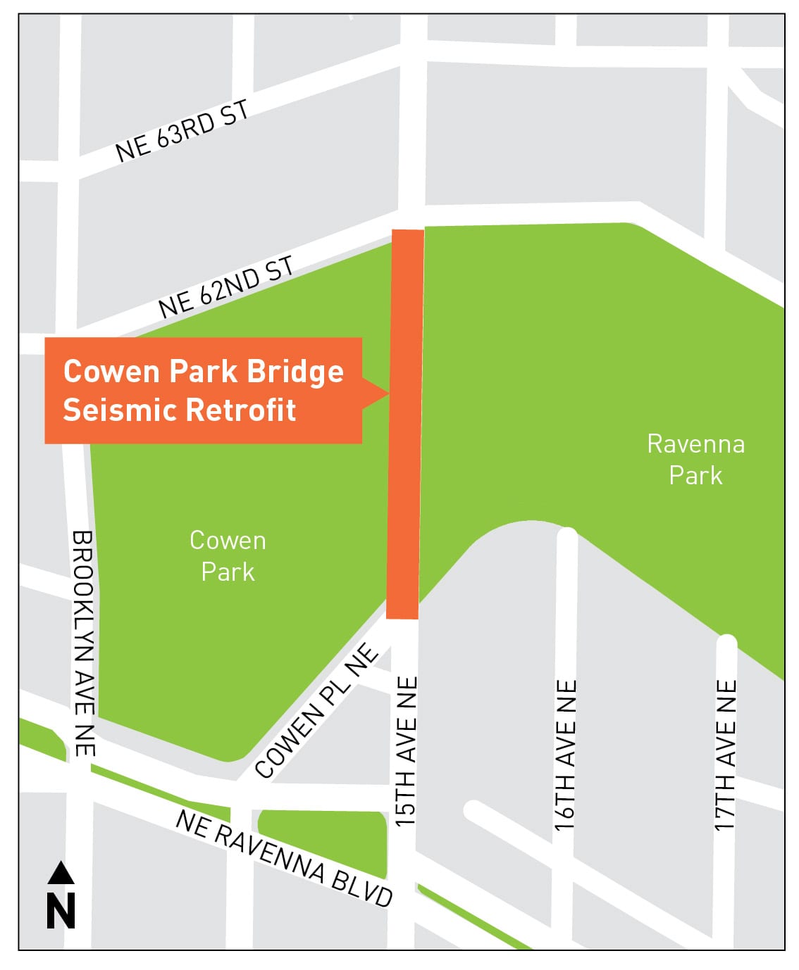 A map showing the Cowen Park Bridge seismic retrofit. 