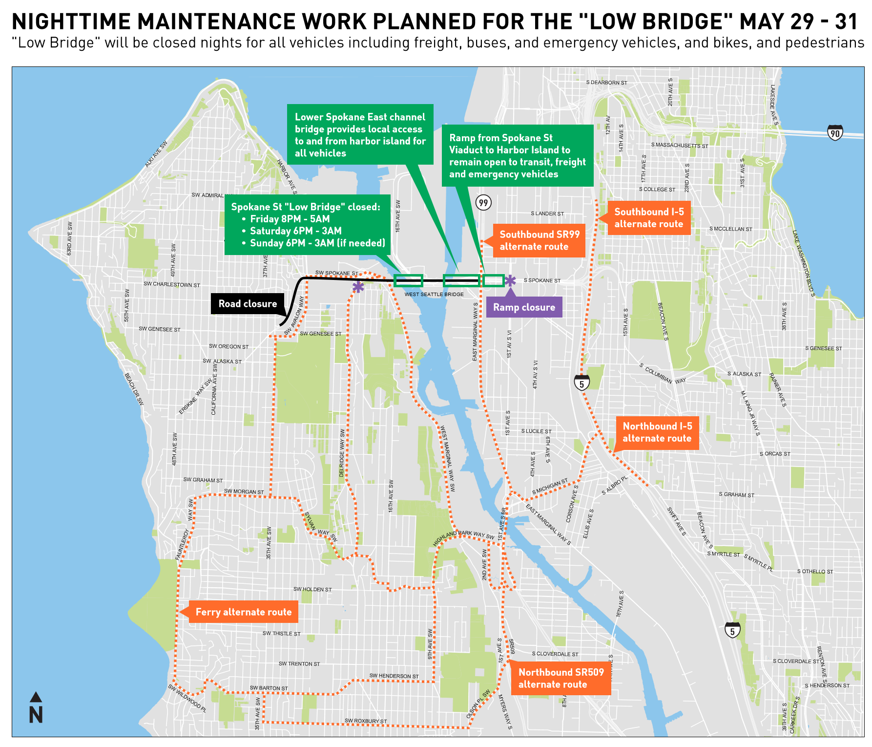 A map showing the nighttime maintenance planned for the low bridge.