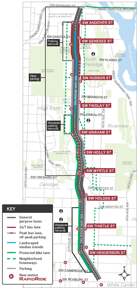 Map showing traffic improvement along Delridge Way SW and RapidRide H stops.