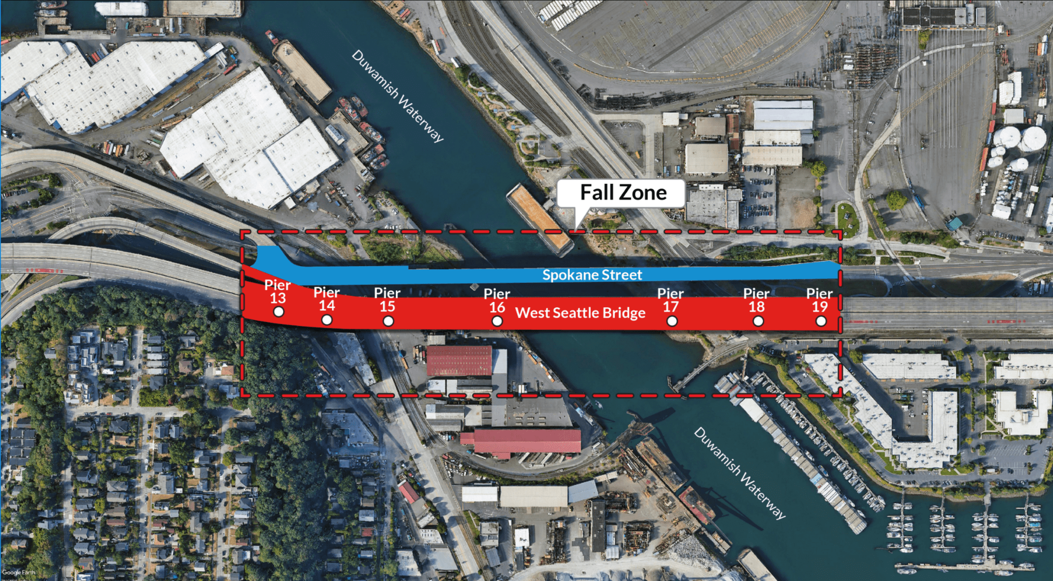 A diagram dictating what parts of the West Seattle Bridge would be vulnerable to collapse if not fixed.