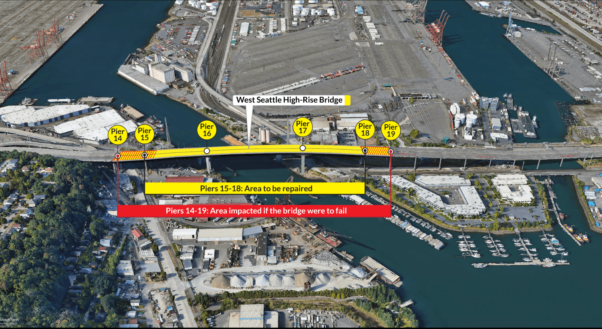 A diagram showing which areas of the West Seattle Bridge need to be repaired  which areas would be impacted on the bridge if it were to fail.