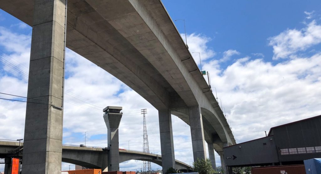 A photo of the underside of the West Seattle Bridge.