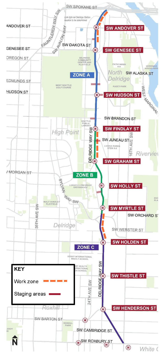 In partnership with King County Metro, this month we started construction on Delridge Way SW as we prepare for the new RapidRide H line. This much-needed project will add a new rapid transit line, improve safety, enhance bike infrastructure, and repair roads in poor condition. 