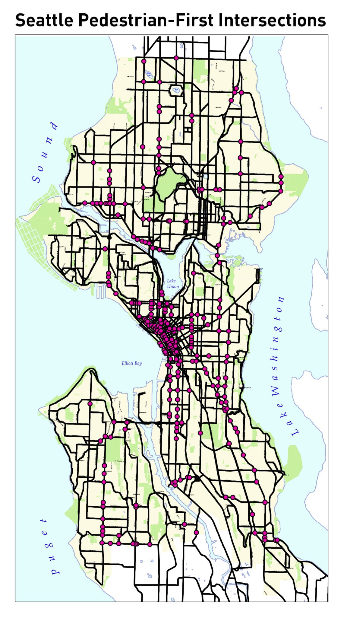 Map of Seattle Pedestrian-First Intersections