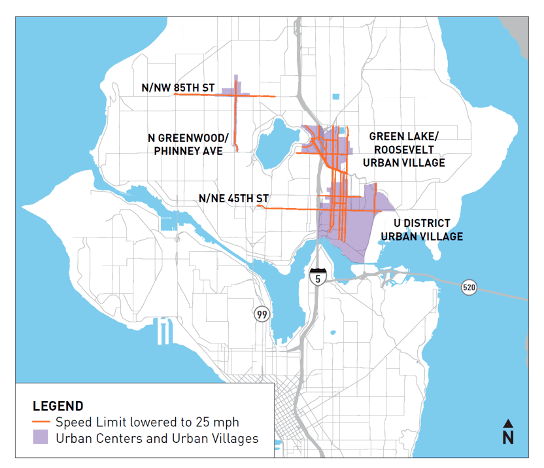 A map showing the lowered speed limit areas in Seattle.