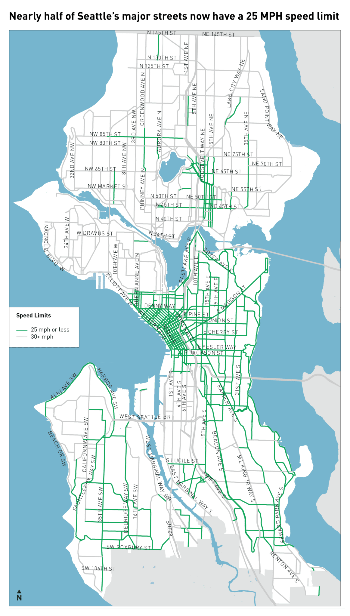 Map of Seattle showing that nearly half of Seattle’s major streets now have a 25 MPH speed limit