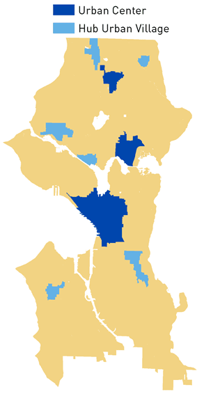 Map of City of Seattle with Urban Centers and Hub Urban Centers highlighted. Urban Centers include Downtown, University District, and Northgate. Hub Urban Centers include Bitter Lake Village, Lake City, Ballard, Fremont, Mount Baker, and Admiral.