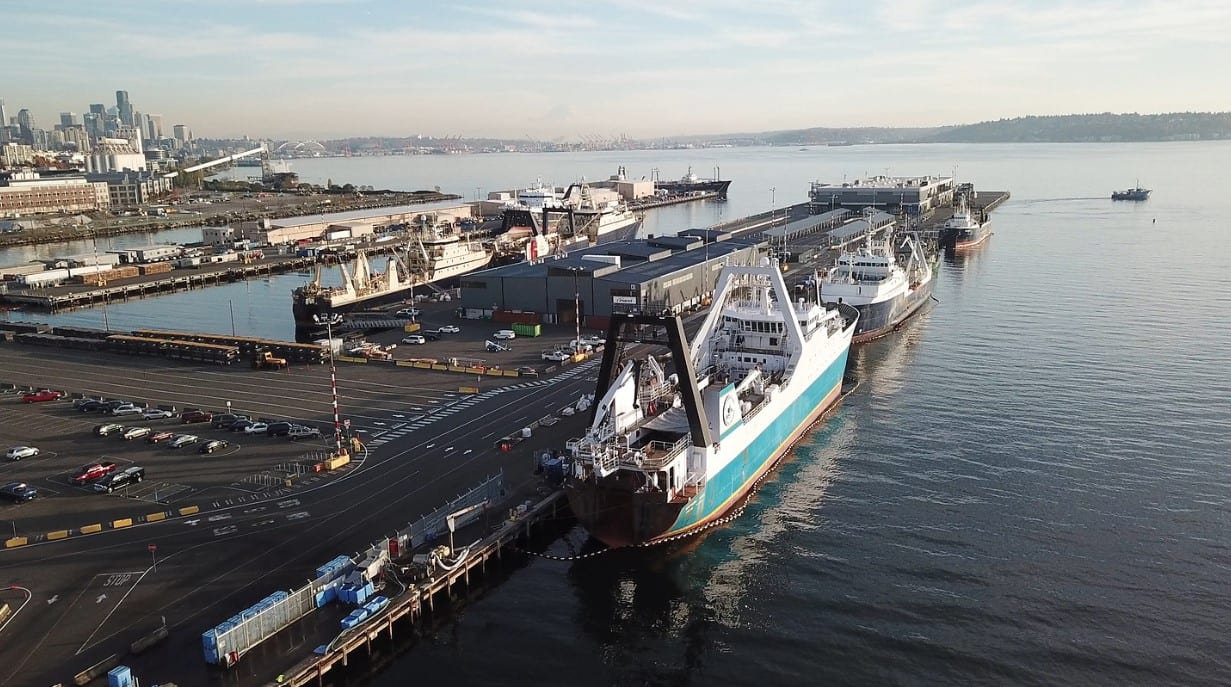Slow rise and pan over T91 to downtown Seattle | Photo courtesy of Port of Seattle