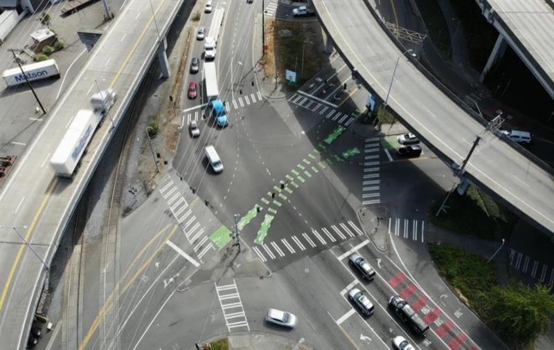 Intersection with red bus lane shown from above.