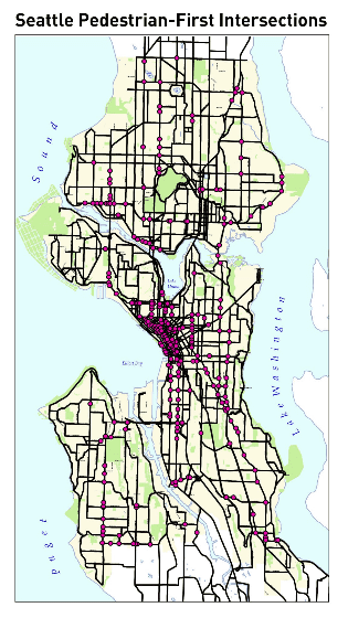 Seattle's pedestrian-first intersections shown on a map.