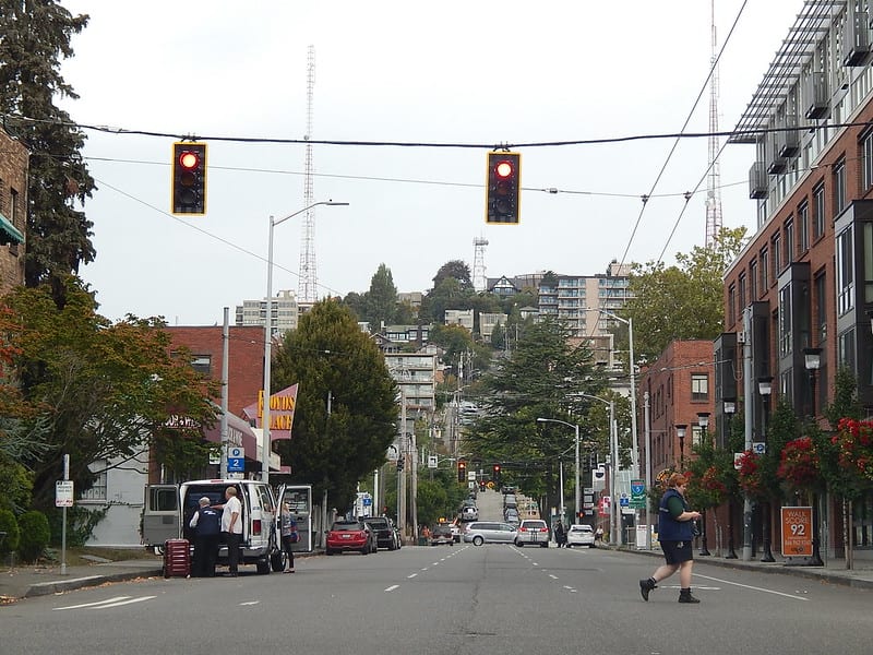 Street-level view of an intersection in lower Queen Anne.