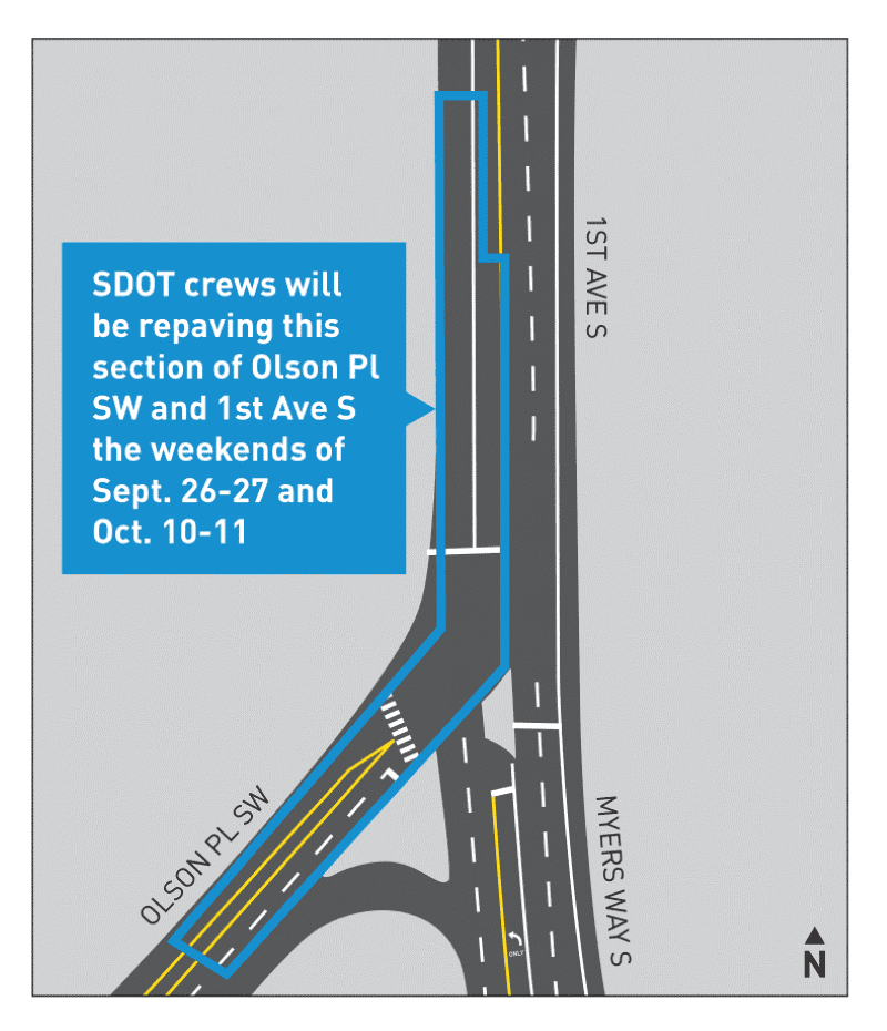 On the weekends of September 26-27 and October 10-11 (weather-permitting), our crews will be repaving a section of Olson Pl SW and 1st Ave S at the intersection with Myers Way S.

Olson Pl SW will be repaved at the intersection, and the southbound lane of 1st Ave S will be repaved just north of the intersection.