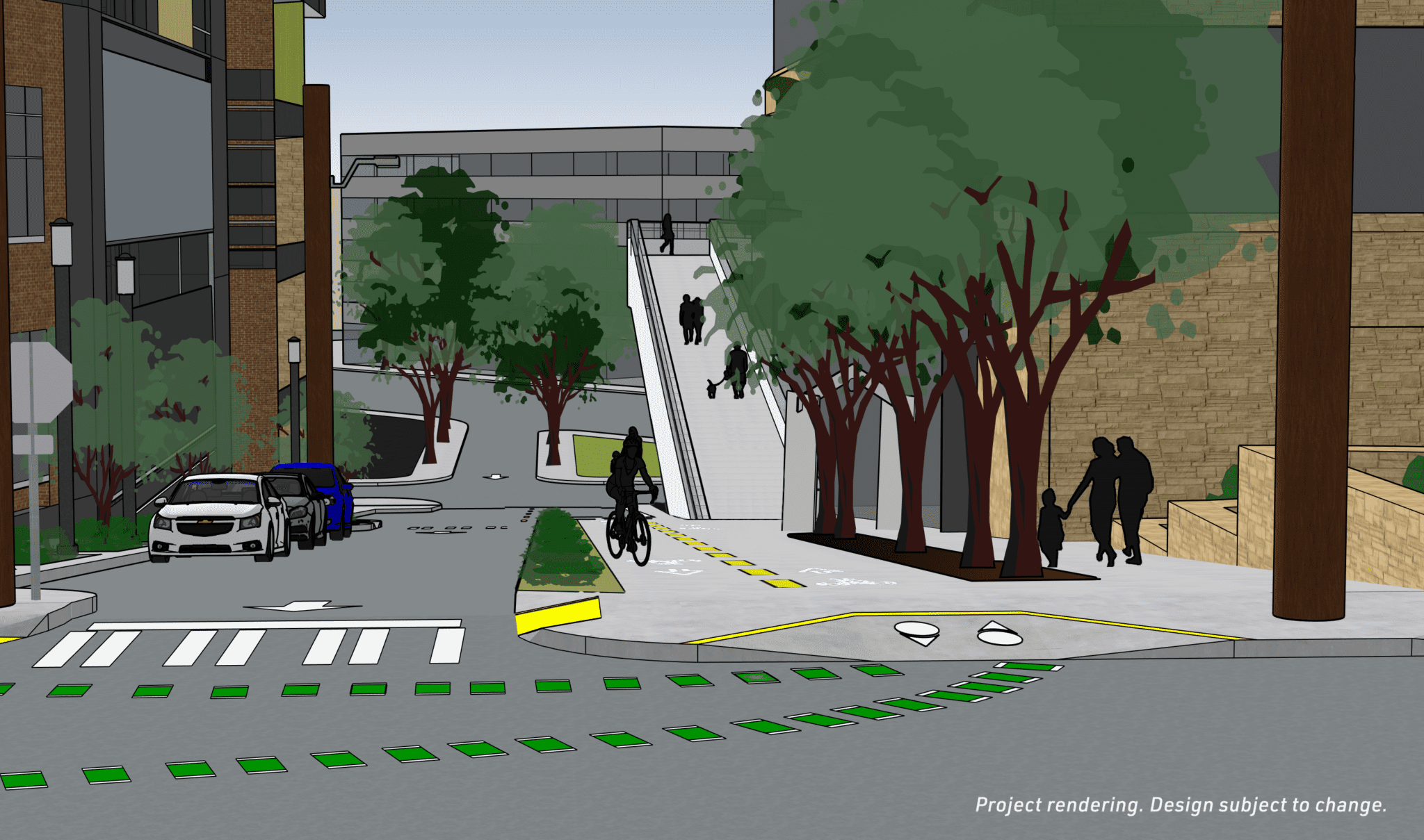 A graphic representation of the extended bicycle and pedestrian space, which was a key design element of Option 3. 