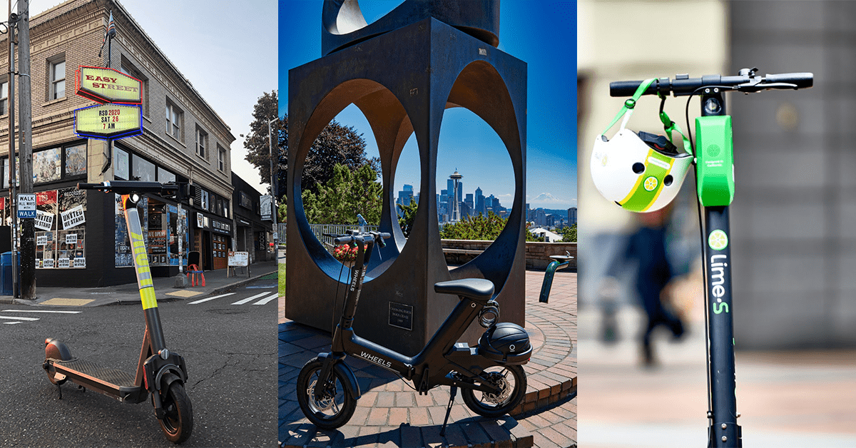 LINK, Wheels, and Lime scooters shown outdoors left to right. LINK scooter is shown in front of Easy Street Records in West Seattle. Wheels scooter is shown in front of a sculpture; downtown Seattle and the Space Needle can be seen in the distance.