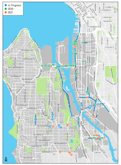 A map of projects across West Seattle in 2020 and 2021.