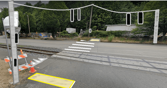 A rendering of the temporary signal at Herrings House Park driveway and West Marginal Way. Traffic lights will be on all sides of the intersection. A crosswalk is also shown. Photo Credit: SDOT. 