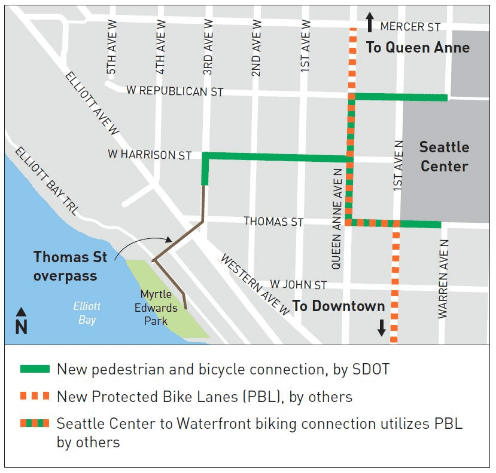Map showing new pedestrian and bicycle connection by SDOT on 3rd Ave W from the base of the Thomas St Overpass.