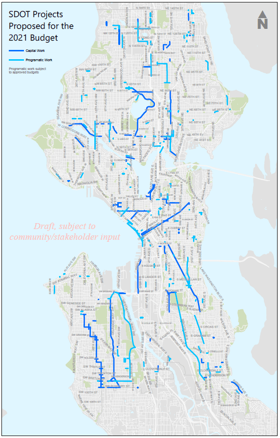 A map showing the proposed 2021 budget across Seattle.
