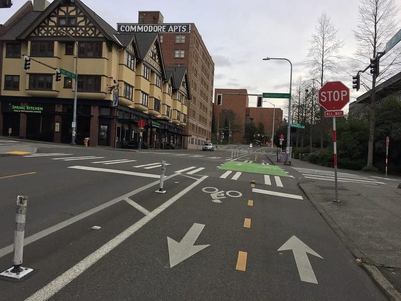 If a person biking approaches a stop sign - like this one in the University District - at a reasonably slow speed, they will now be able to treat it as a yield sign. Photo Credit: SDOT Flickr.
