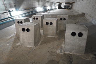 Deviator blocks ready for the ducts and tendons to be threaded through. These blocks prevent the post-tensioning strands (below) from touching the bottom of the bridge girder.