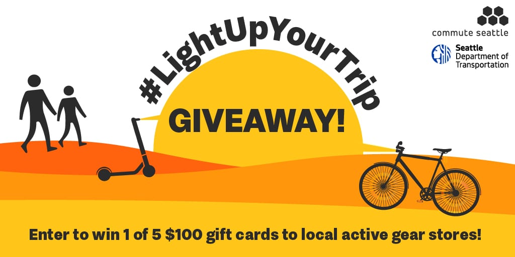Graphic of sunset on white background. Writing reads, "#LightUpYourTrip GIVEAWAY. Enter to win 1 of 5 $100 gift cards to local active gear stores. Icons of two people walking, a scooter, and a bike.