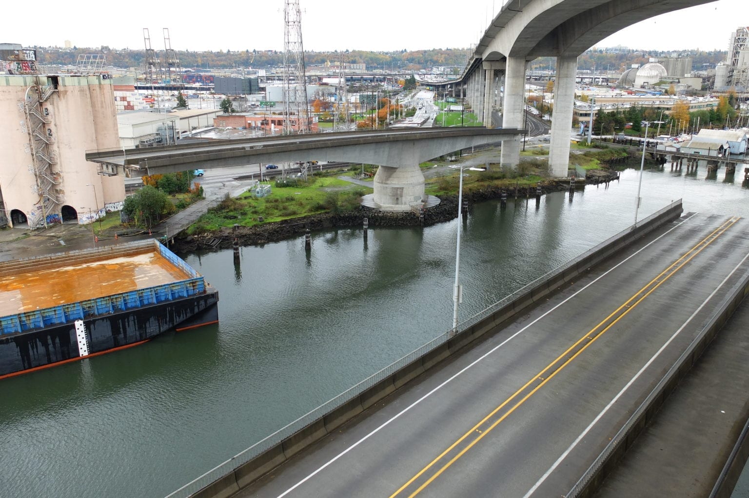 West Seattle Low Bridge, also known as Spokane St Swing Bridge, open for marine traffic.