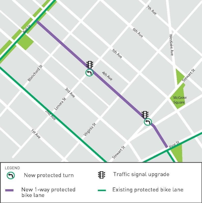 These changes come with improvements for everyone, at the intersections of 4th Ave and Stewart St & 4th Ave and Lenora St.