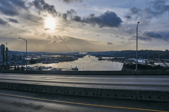 The Duwamish Waterway viewed from the West Seattle High-Rise Bridge at dusk.